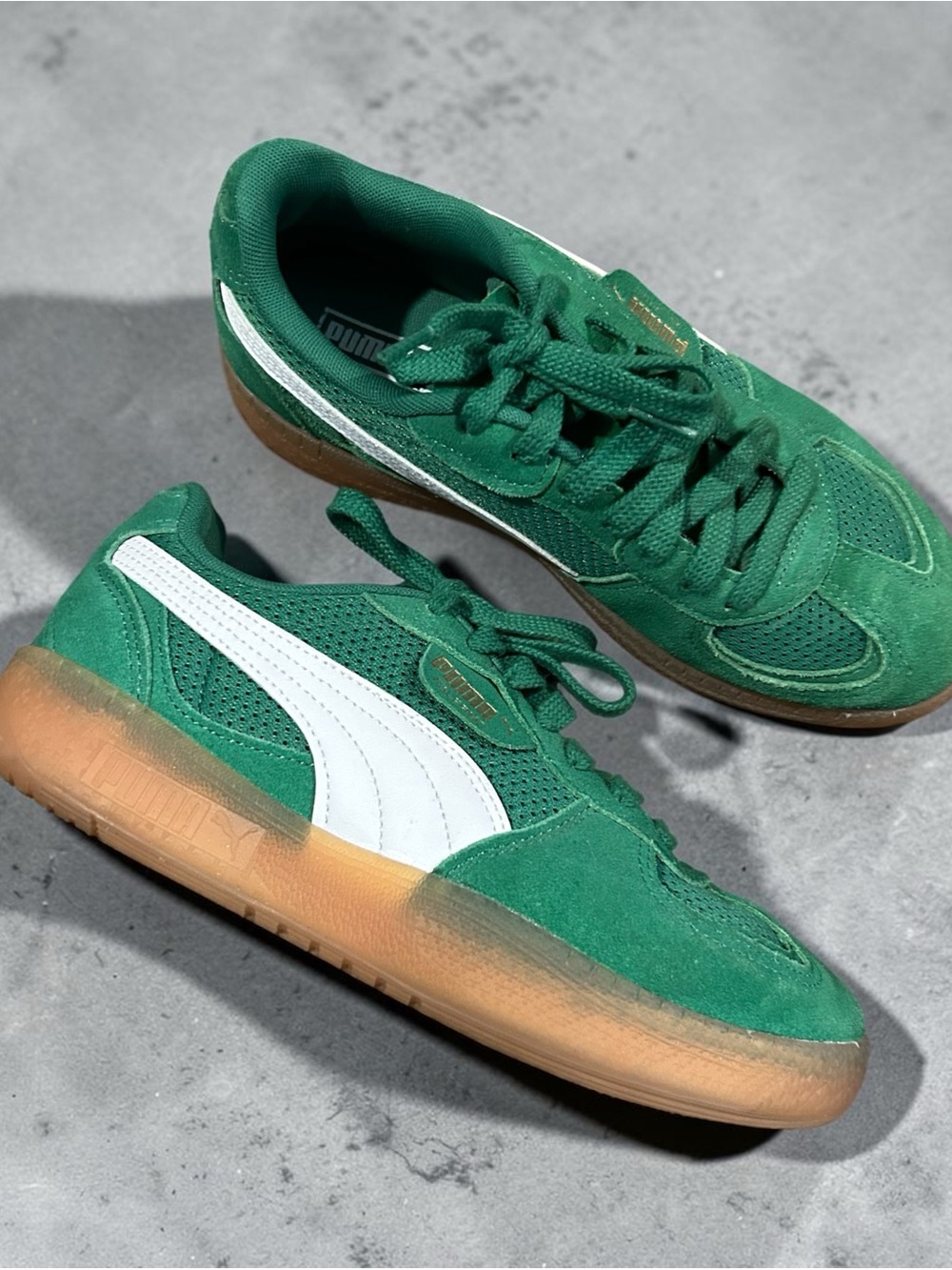 PUMA Women's Palermo LaModa Vintage sneakers in the Archive Green-Gum colorway